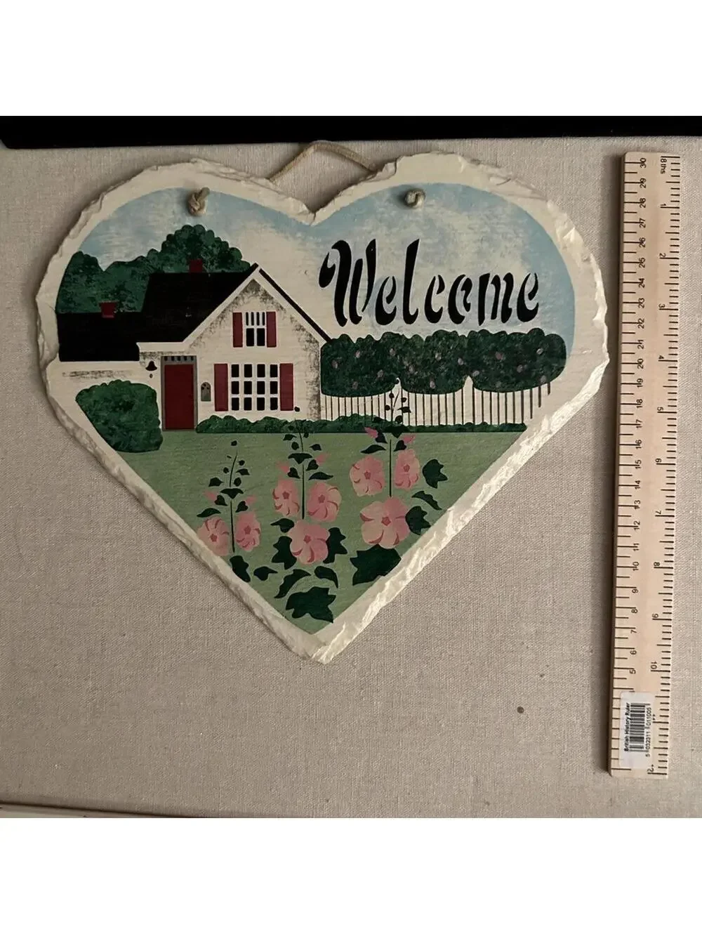 Vintage heart shaped handpainted slate welcome sign with leather tie